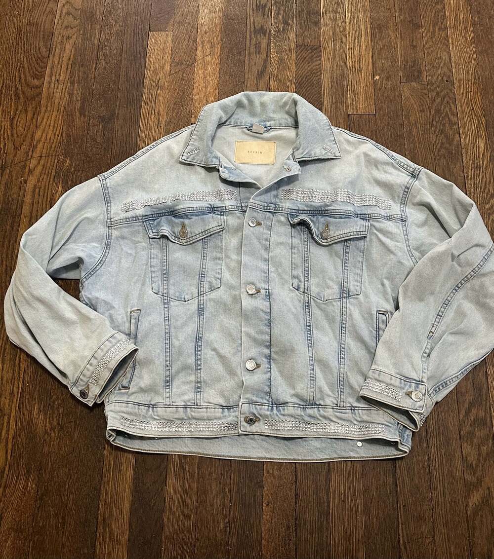 &DENIM Women's Rhinestone Embellished Oversized Denim Festival Jean Jacket Small